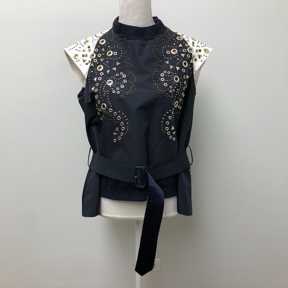Sacai Grommet Blouse Top Womens Medium Blue White Short Sleeve Belted Edgy Urban - Picture 4 of 12